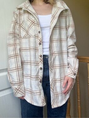 White Fox Plaid Button-Up Shacket in Cream and Tan